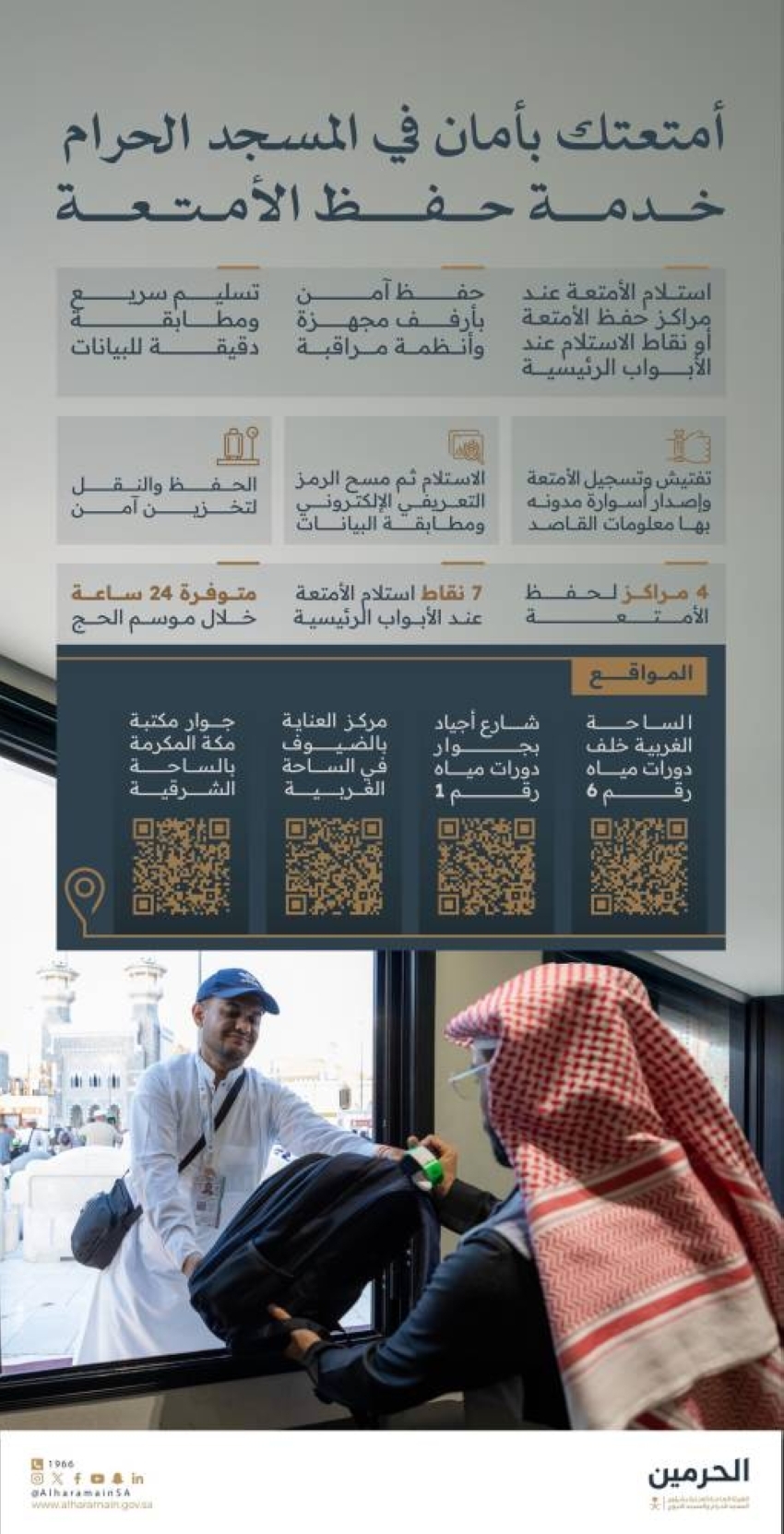 "عناية شؤون الحرمين" توفر خدمة حفظ الأمتعة لحجاج بيت الله الحرام