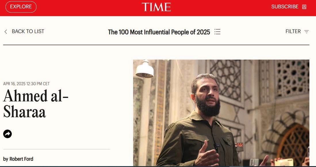 ‏الرئيس الشرع ضمن قائمة 'التايم' لأكثر 100 شخصية تأثيراً في العالم لعام 2025