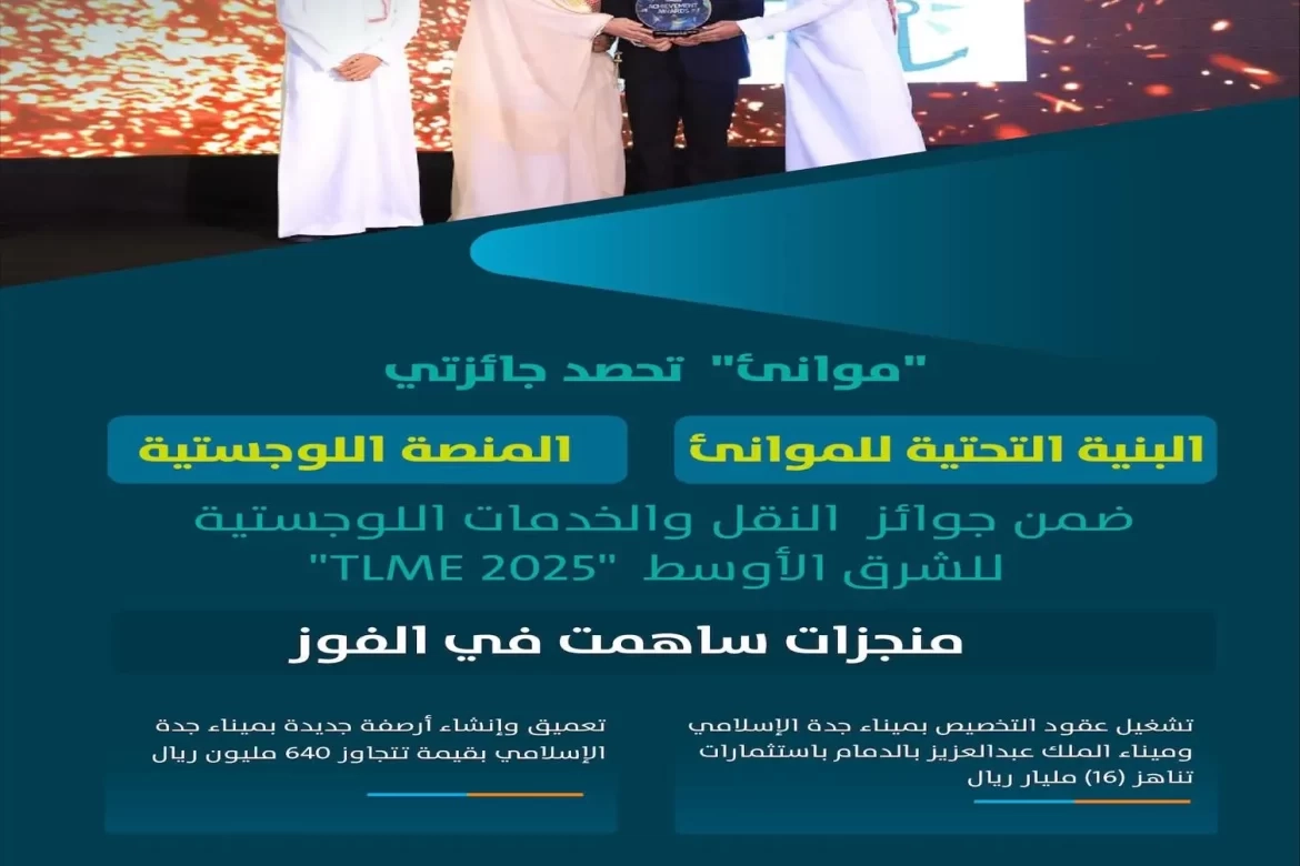'موانئ' تحصل على جائزتي 'البنية التحتية للموانئ' و'المنصة اللوجستية'