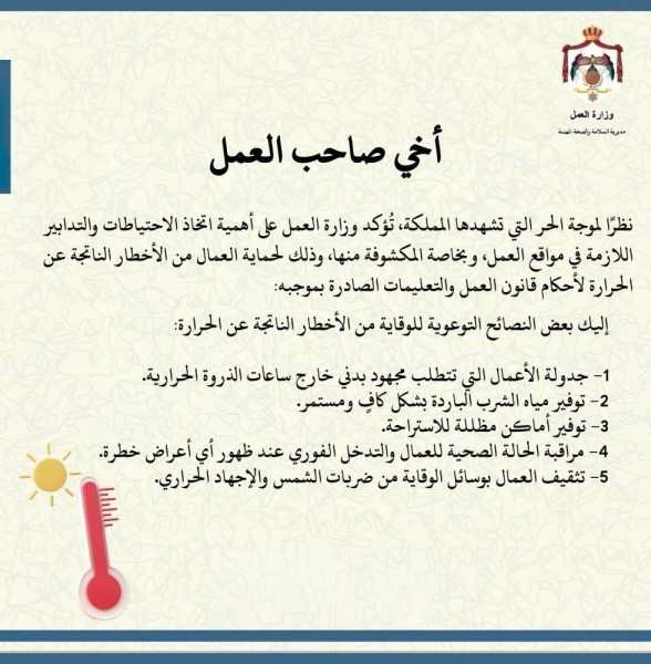 وزير العمل يوجه بتنفيذ زيارات تفتيشية خلال موجة الحر