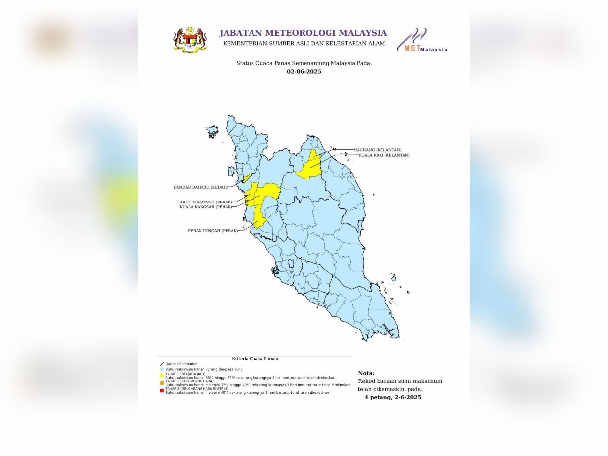 MetMalaysia: Six areas are at Level 1 hot weather status