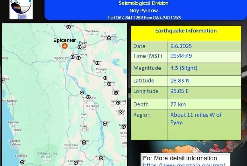 Minor earthquake strikes near Myanmar's Pyay township