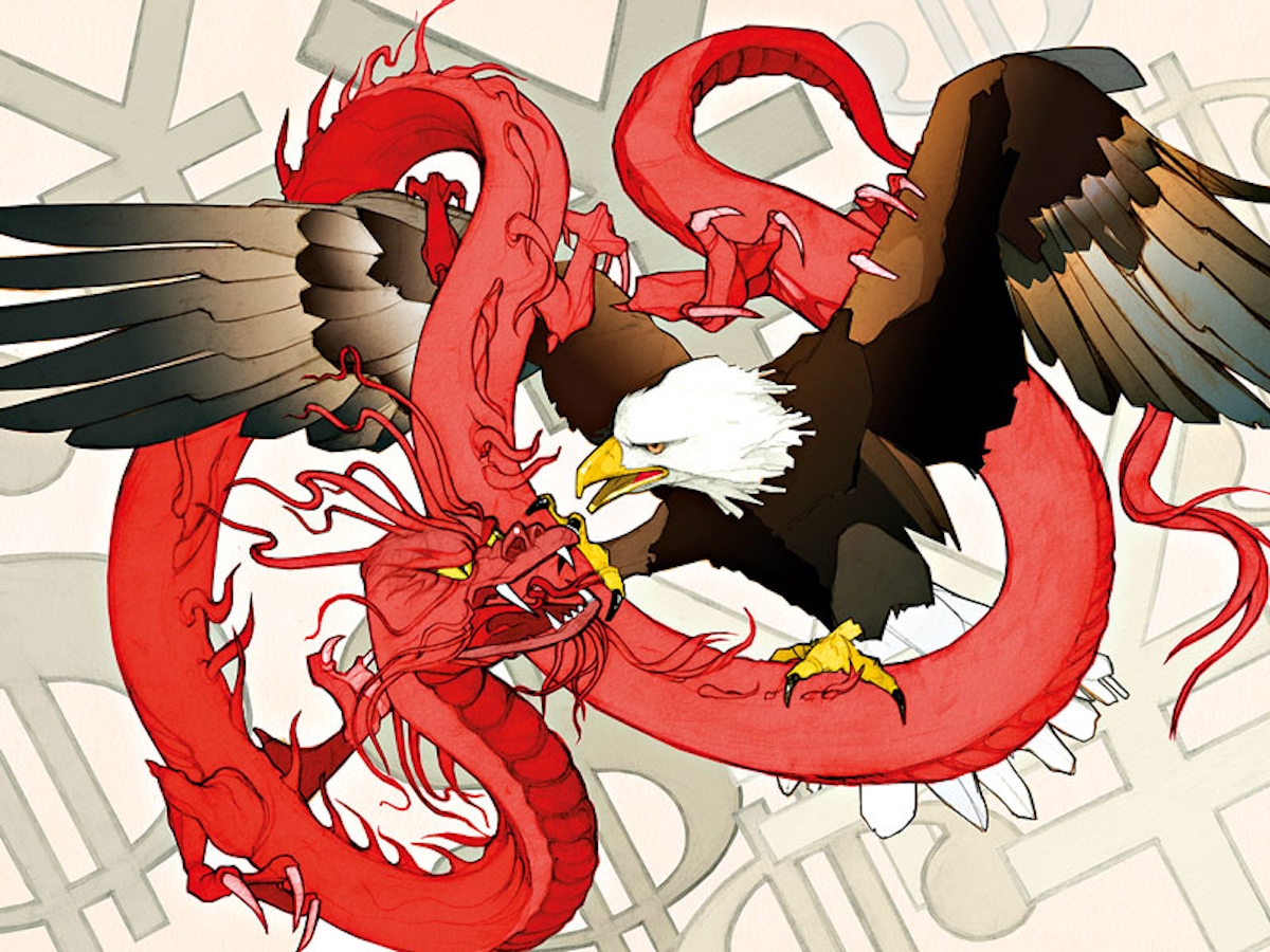 Chinese dragon elegantly twirled around American eagle's neck