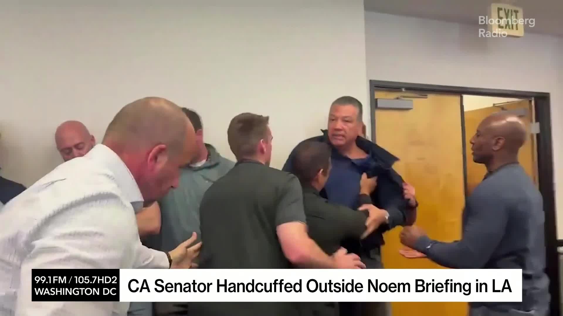 CA Senator Handcuffed Outside Noem Briefing in LA