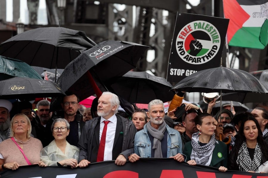 Assange joins pro-Palestinian protest on Sydney Harbour Bridge