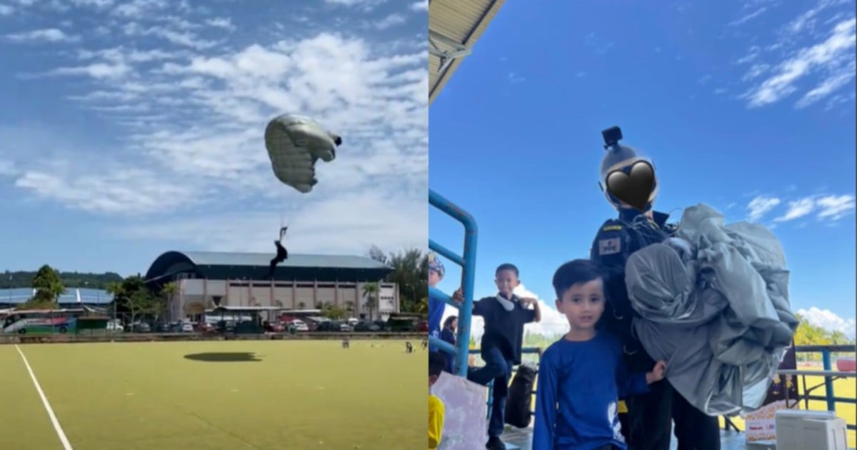 #NSTviral: Paratrooper's surprise landing at Tawau kindergarten sports day charms Malaysians [WATCH]