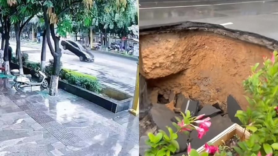 Car dodges sinkhole as road collapses in China