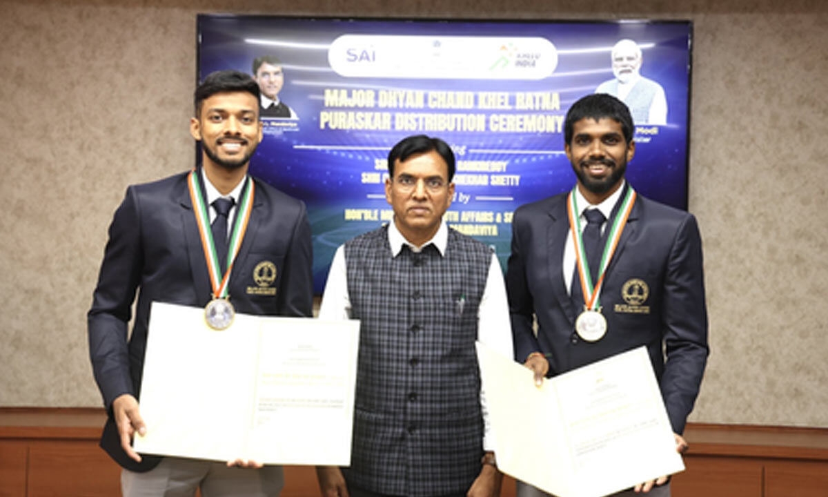 Sports Minister Mandaviya presents Khel Ratna award to Satwik-Chirag in New Delhi