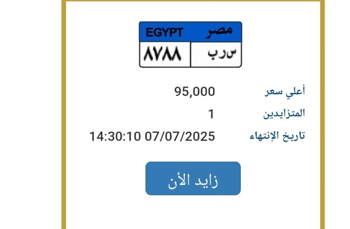 «س رب».. أرخص لوحة مميزة في مزاد المرور بسعر 95 ألف جنيه «تعرف على رقمها»