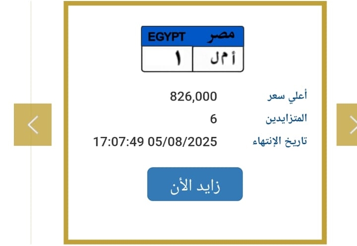 «نمبر وان».. لوحة مرورية تشعل مزاد المرور قبل ختامه عصر اليوم وسعرها يتجاوز 800 ألف جنيه
