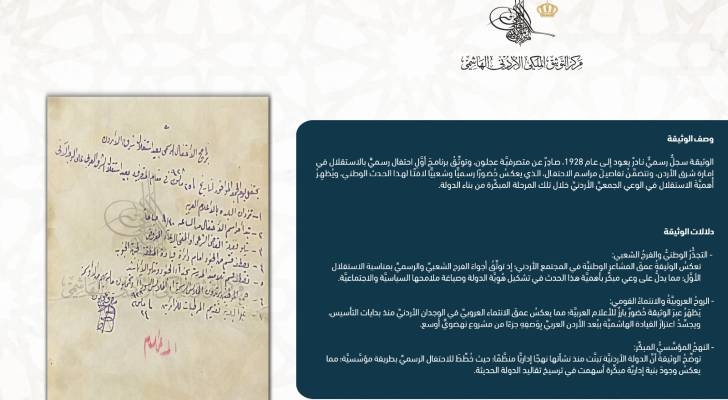 وثيقة نادرة تكشف تفاصيل أول احتفال رسمي بالاستقلال في إمارة شرق الأردن عام 1928