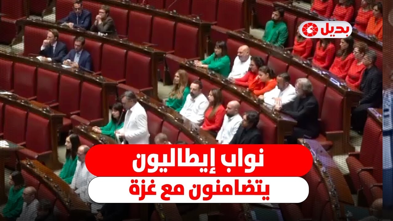 نواب إيطاليون يتضامنون مع غزة داخل البرلمان مرتدين ألوان العلم الفلسطيني