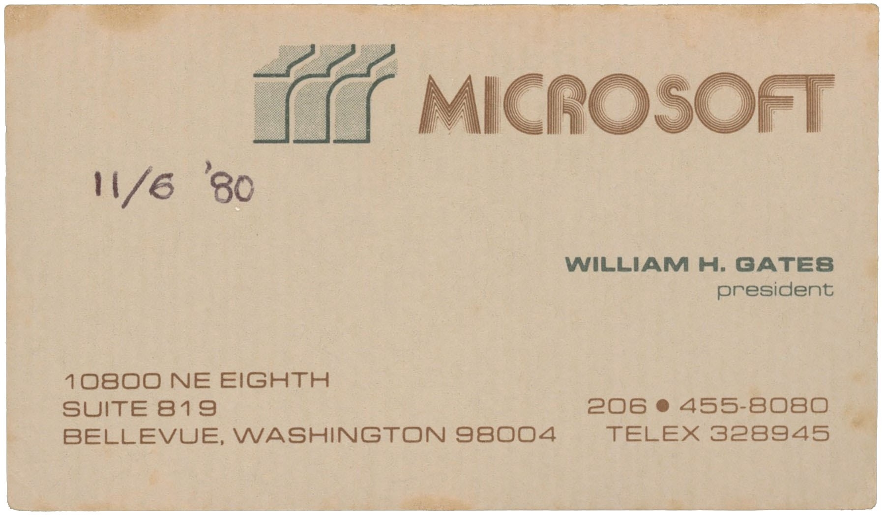 Bill Gates business card up for auction, with significant date from Microsoft's early days