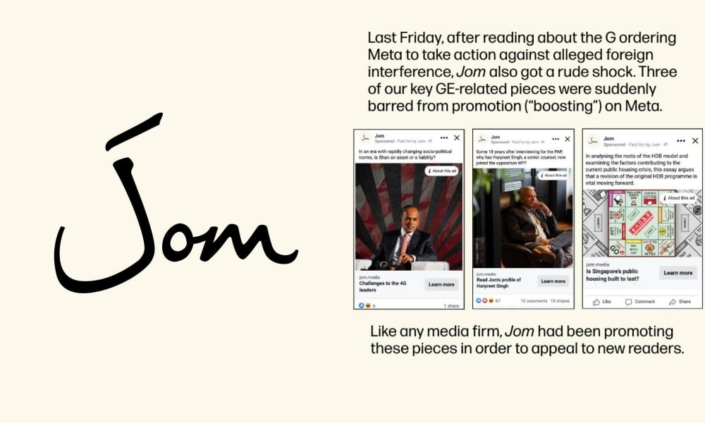 Singapore blocks Jom articles on Meta over election ad rules, citing unauthorised paid promotion