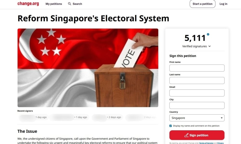 Over 5,100 sign online petition calling for electoral reforms in Singapore