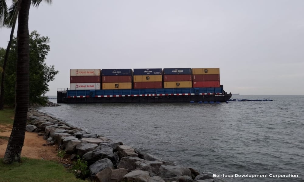 Container barge grounded off Sentosa's Tanjong Beach on 6 June morning