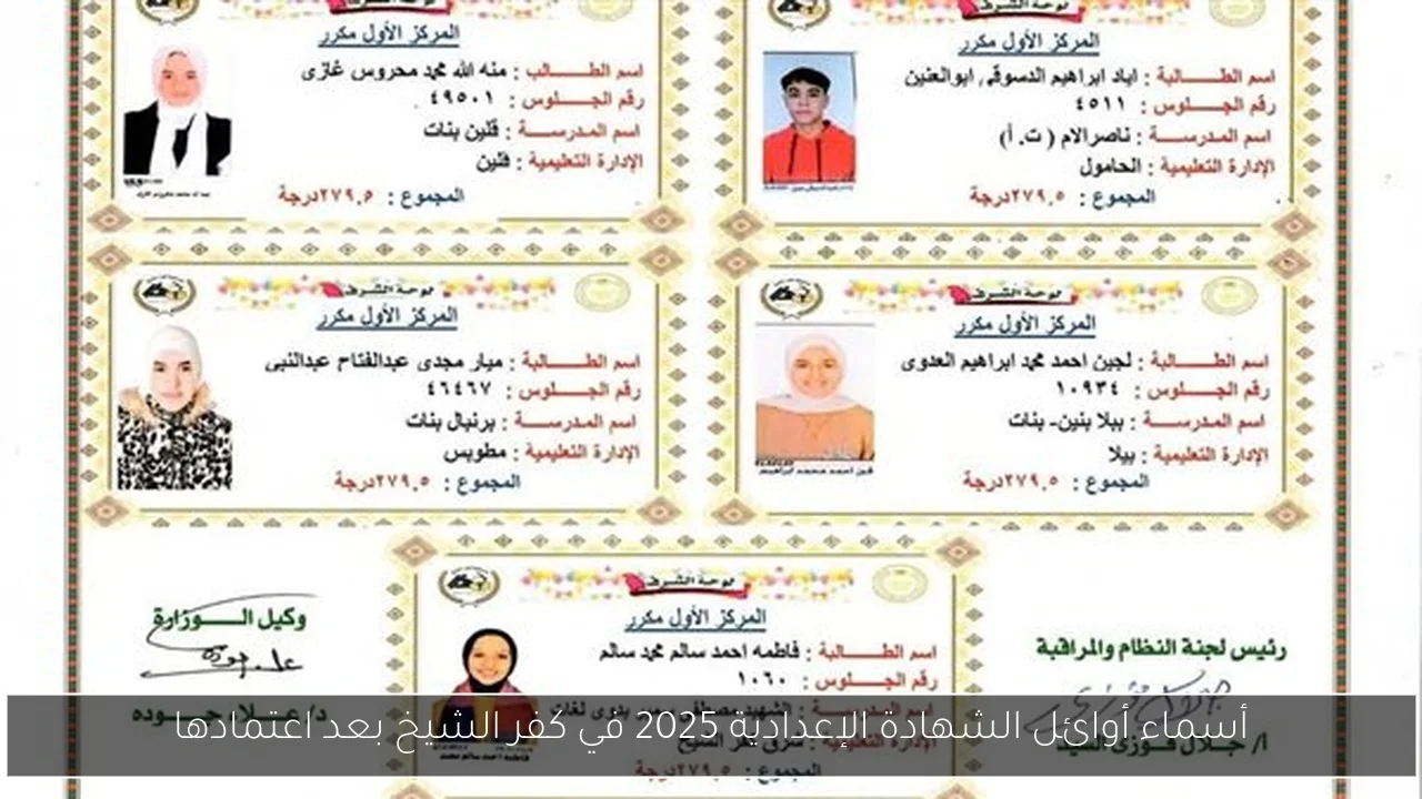 أسماء أوائل الشهادة الإعدادية 2025 في كفر الشيخ بعد اعتمادها