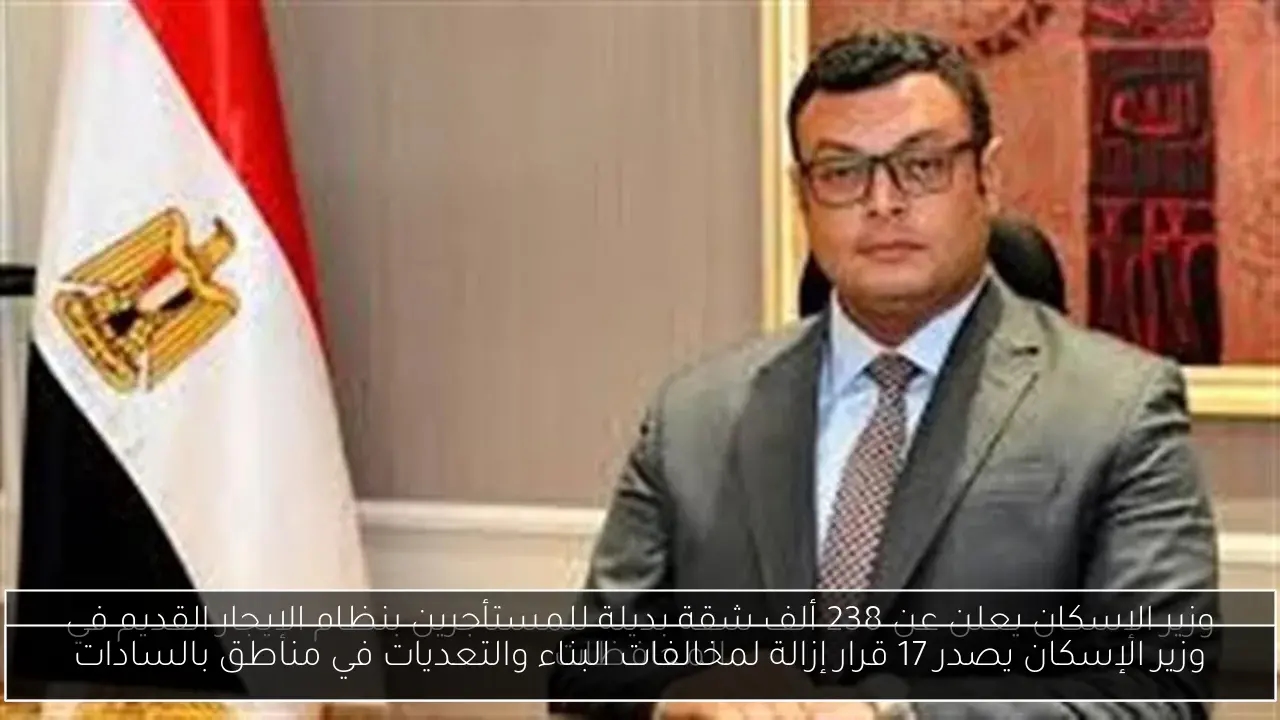 وزير الإسكان يصدر 17 قرار إزالة لمخالفات البناء والتعديات في مناطق بالسادات