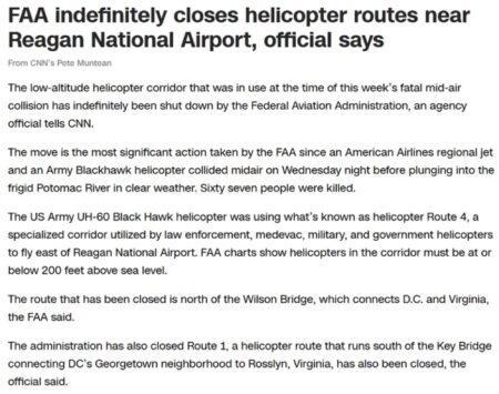 FAA indefinitely closes helicopter routes near Reagan International Airport