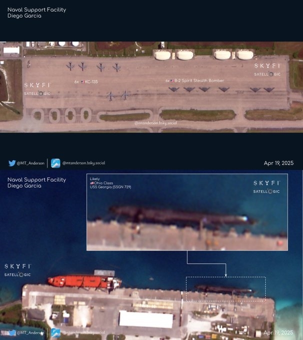 Satellite Images Show B-2 Bombers, Refueling Tankers, and Submarine at Diego Garcia Base