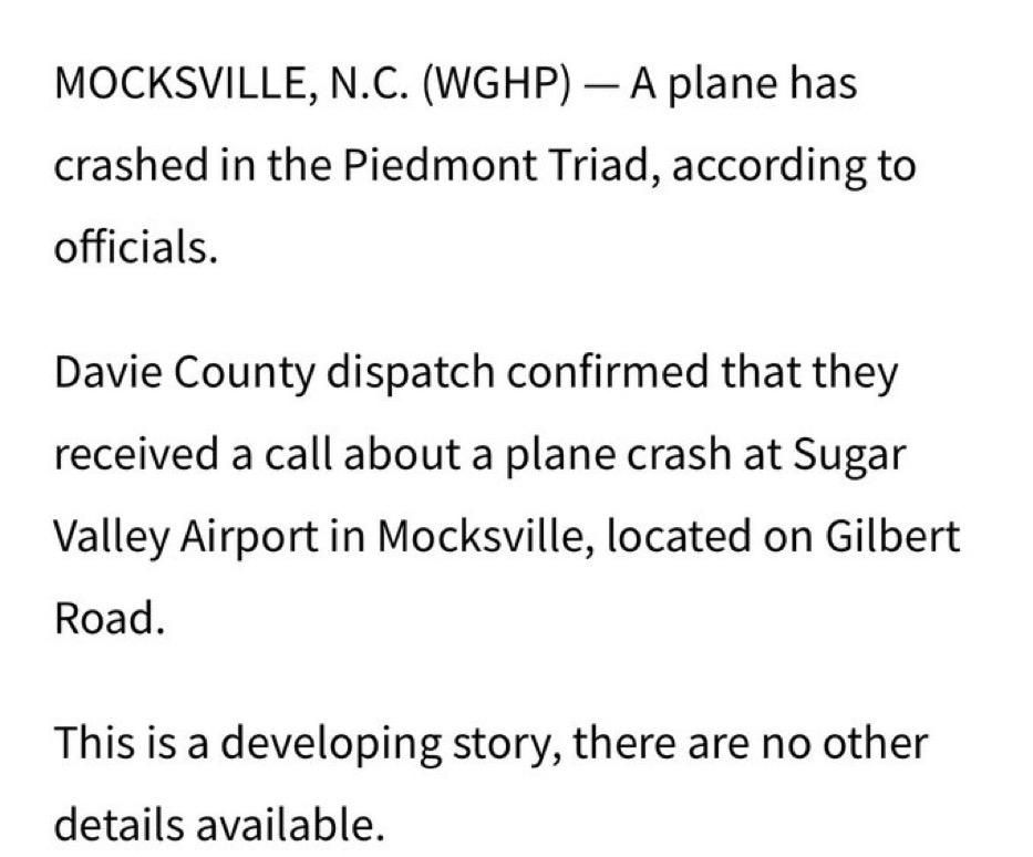 UPDATE: Plane crashes at Sugar Valley Airport in Mocksville, NC, authorities confirm. Details on injuries
