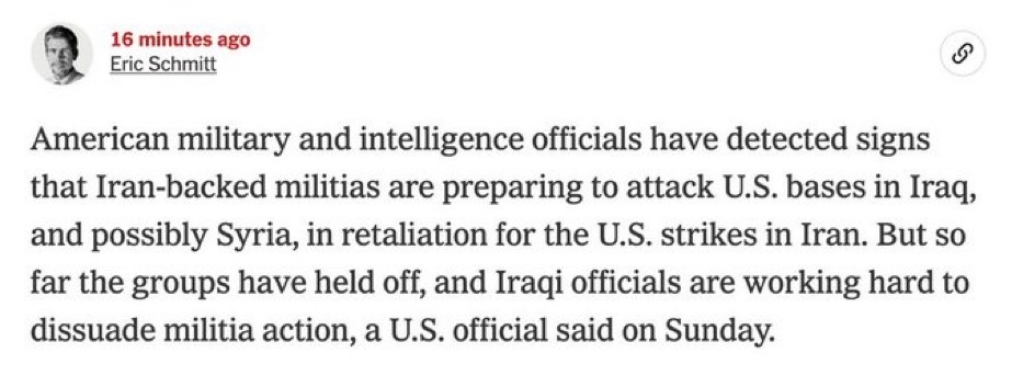 U.S. Detects Signs of Imminent Threat from Iran-Backed Militias in Iraq and Syria
