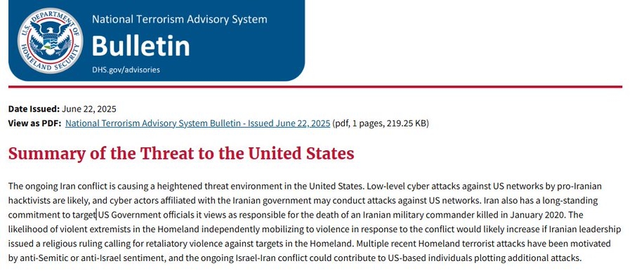 ALERT: DHS warns of 'heightened threat environment,' cyberattacks in the US after strikes on Iran