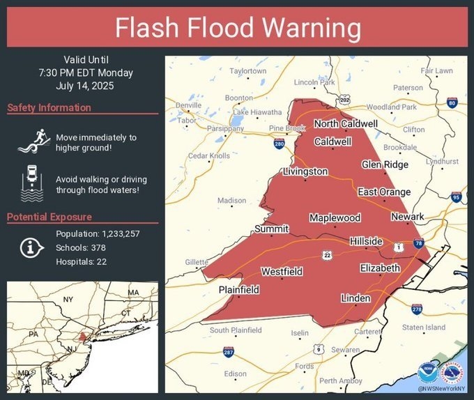 Flash flood warning in place for more than a million people in New Jersey including Newark, Elizabeth and East Orange until 7:30 pm ET