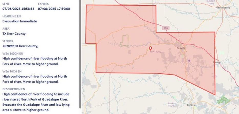 Emergency Flood Alert Issued for Kerrville, TX