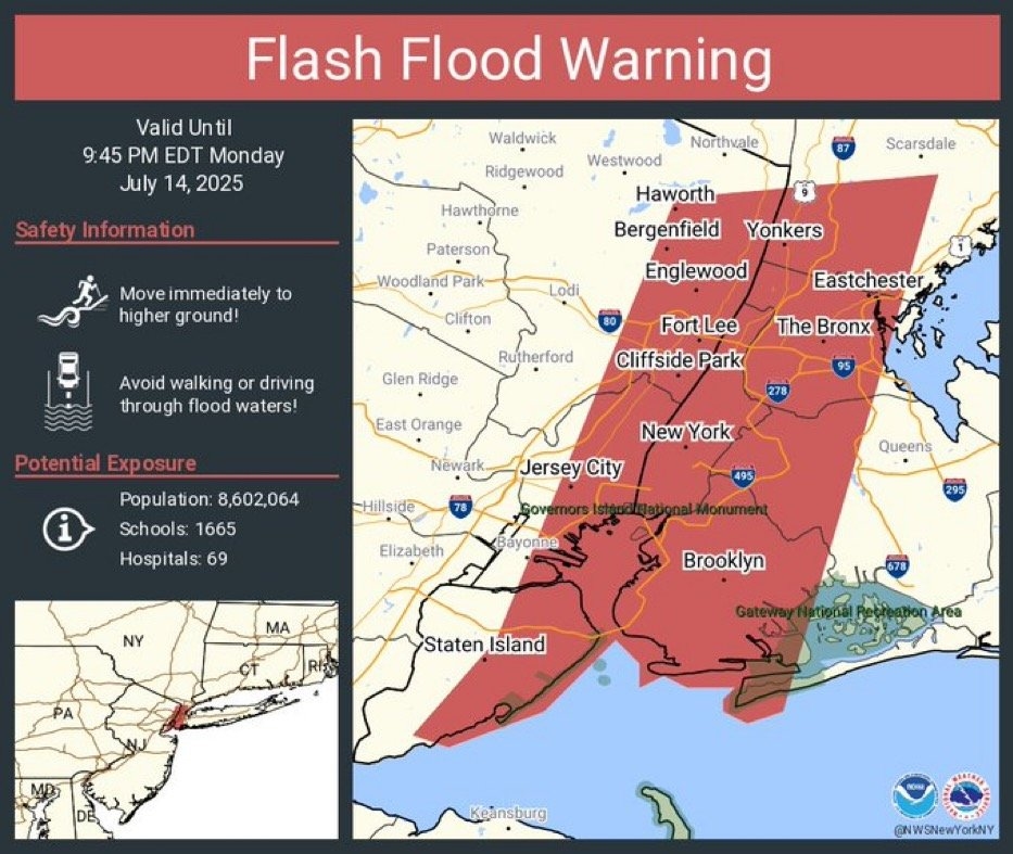 Flash Flood Warning Issued for Over 8 Million People in New York City and New Jersey Until 9:45 PM ET