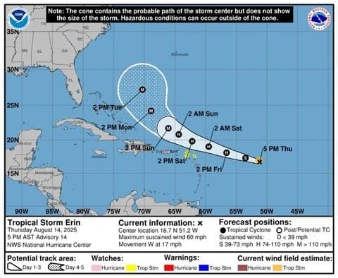 Tropical Storm Erin Strengthens: Northern Leeward Islands Under Hurricane Watch