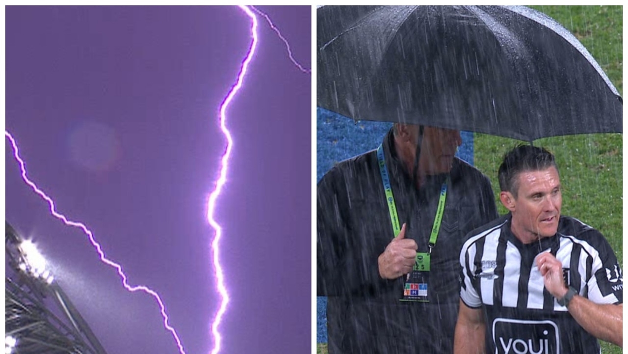 Crazy scenes as players rushed off field as bizarre 29-min lightning delay halts NRL clash