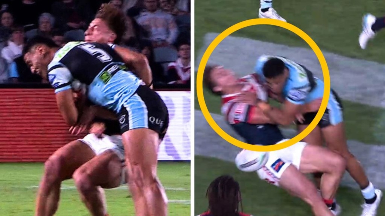 Shark Ronaldo Mulitalo's sickening high shot rocks the NRL