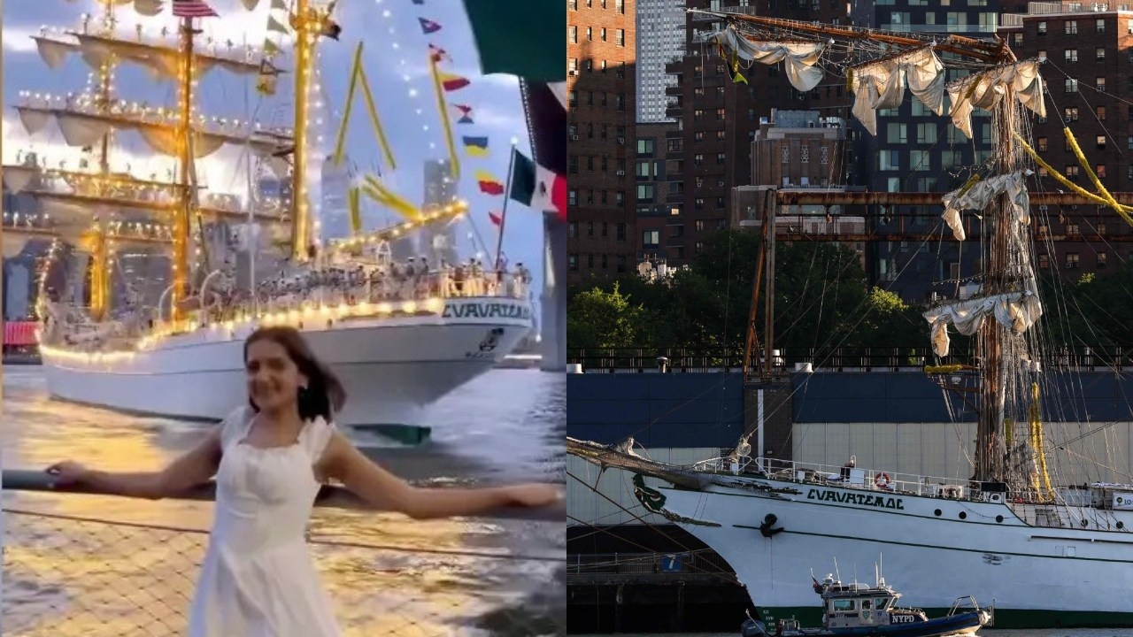 Dramatic video shows oblivious onlooker posing as Mexican ship crashes into Brooklyn Bridge