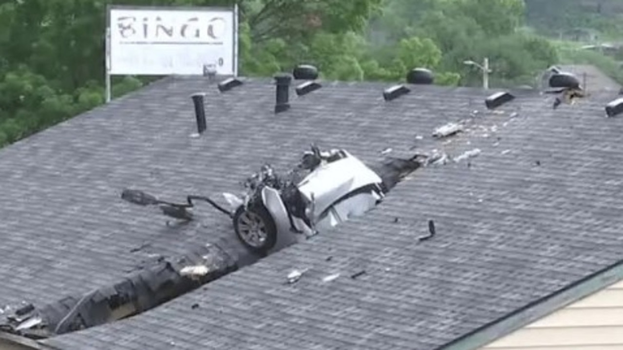 Car flies into roof of community hall, second incident in three months