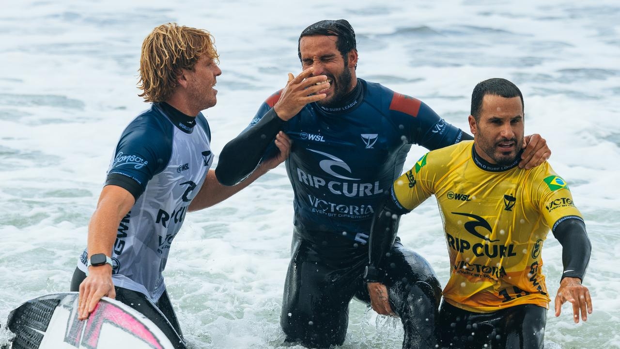 Moroccan surfer Ramzi Boukhiam had to be helped from the water after an incident at Bells Beach