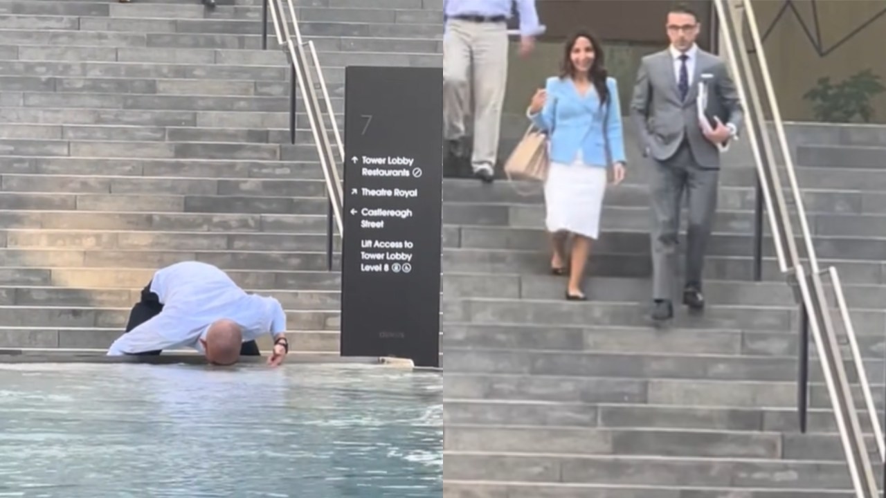 Video posted to social media shows Sydney man dressed in business attire yelling into water fountain in Martin Place