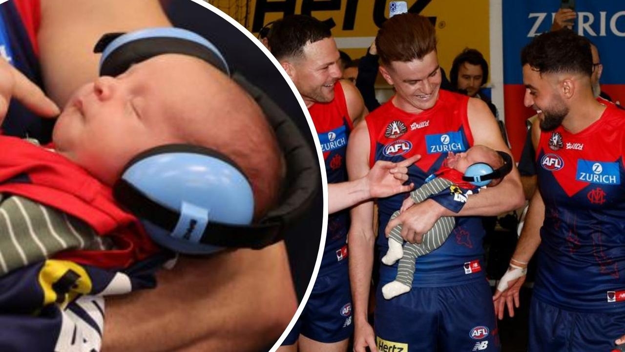 Demons' Bayley Fritsch melts hearts with newborn son at the MCG