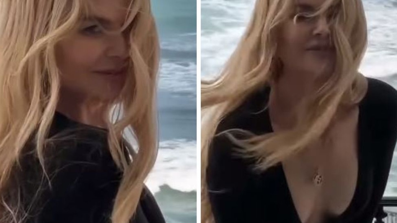 Nicole Kidman, 57, rocks plunging black bodysuit – and no pants – in playful seaside video