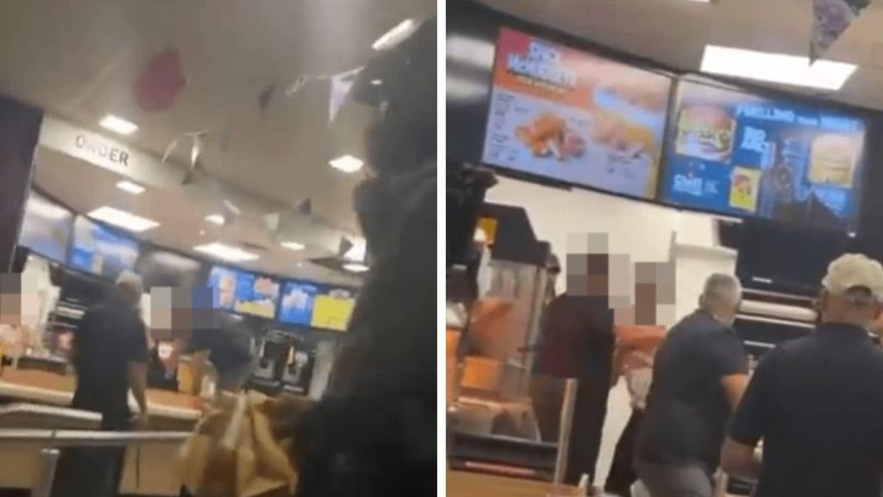 Customer leaps over the counter in Macca's brawl