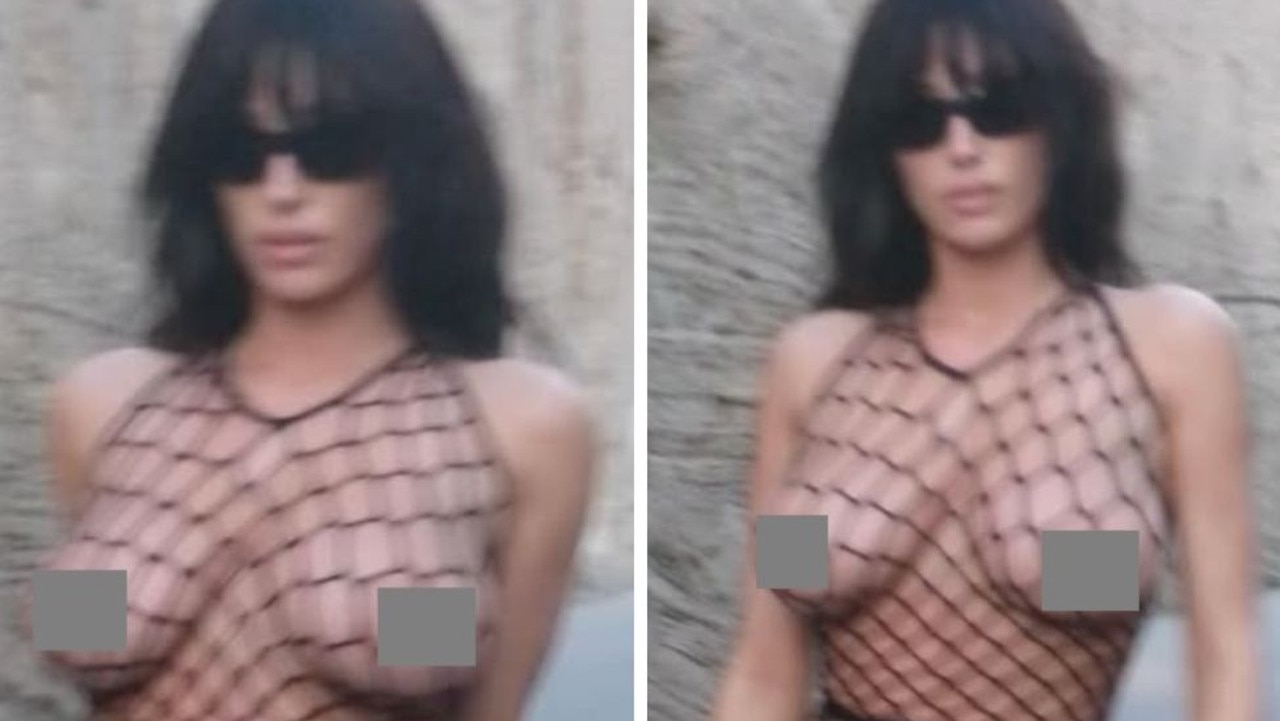 Bianca Censori leaves nothing to the imagination in fishnet top and sheer tights with no underwear