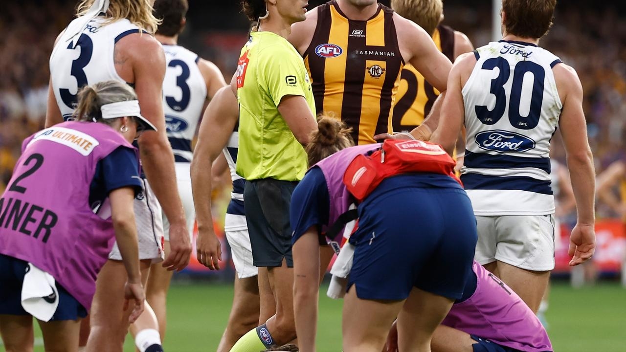 Hawthorn's Conor Nash could face a four week ban after knocking out Geelong's Gryan Miers