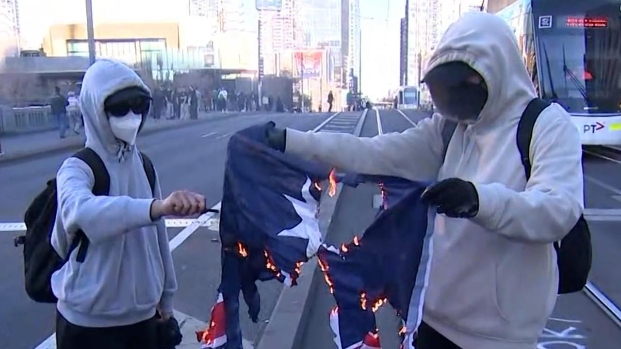 ‘Deplorable': Victorian Premier Jacinta Allan lashes masked protesters who burned Australian flag at Melbourne pro-Palestine rally