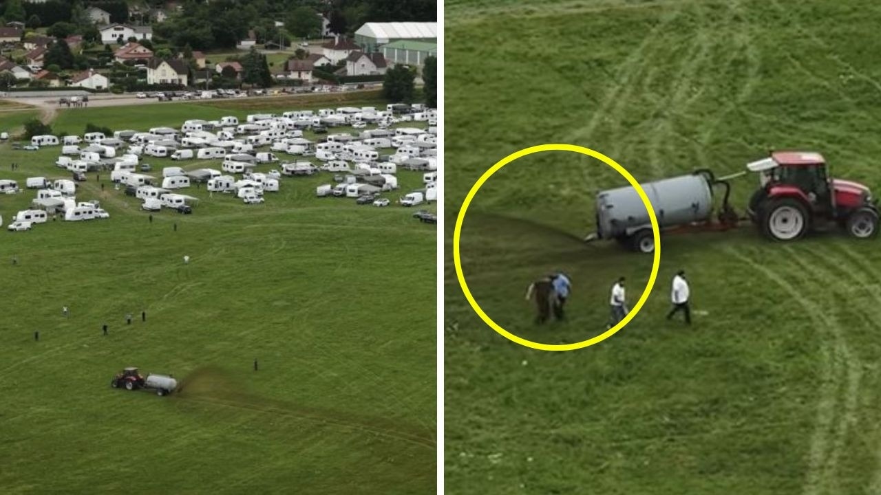 Farmers use tractors to spray manure on squatters