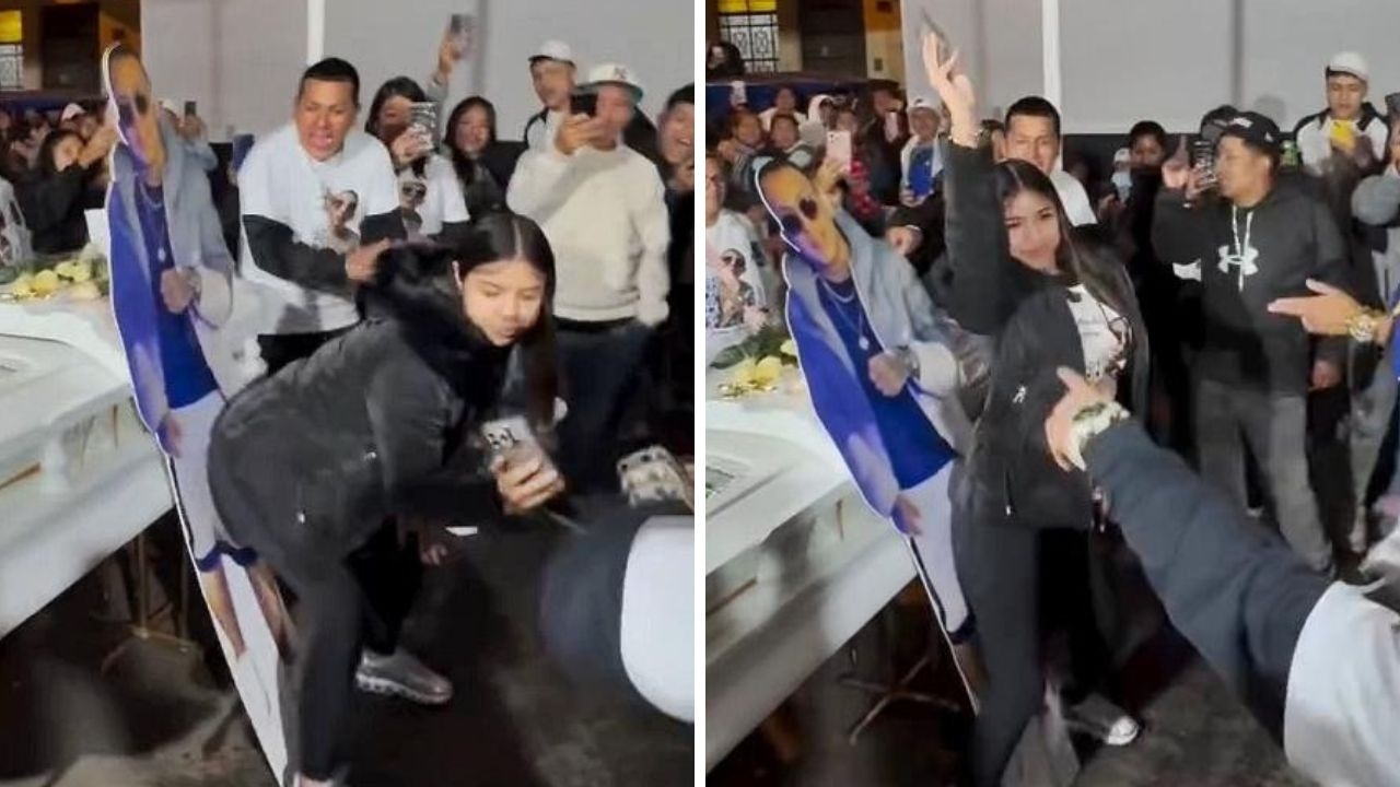 Widow twerks on cardboard cutout of dead husband at his funeral