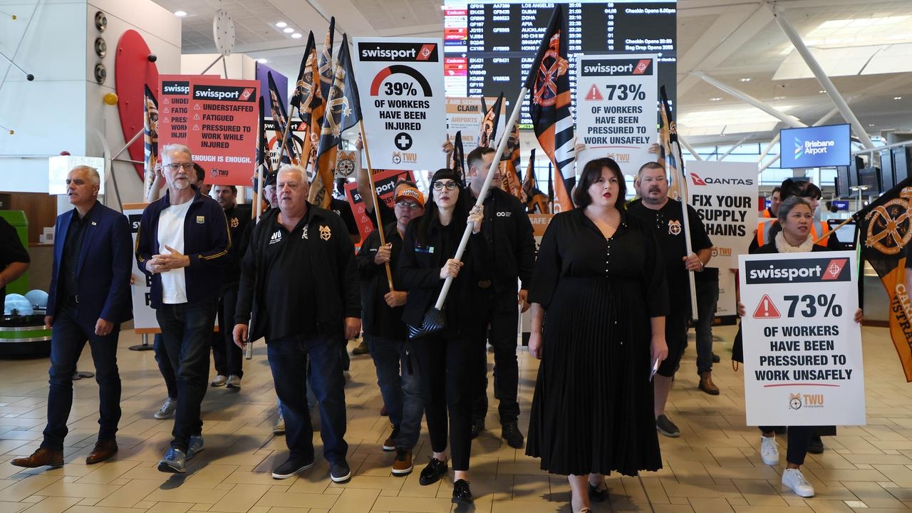 ‘Crisis conditions': Workers march on Brisbane Airport over raft of airline safety concerns
