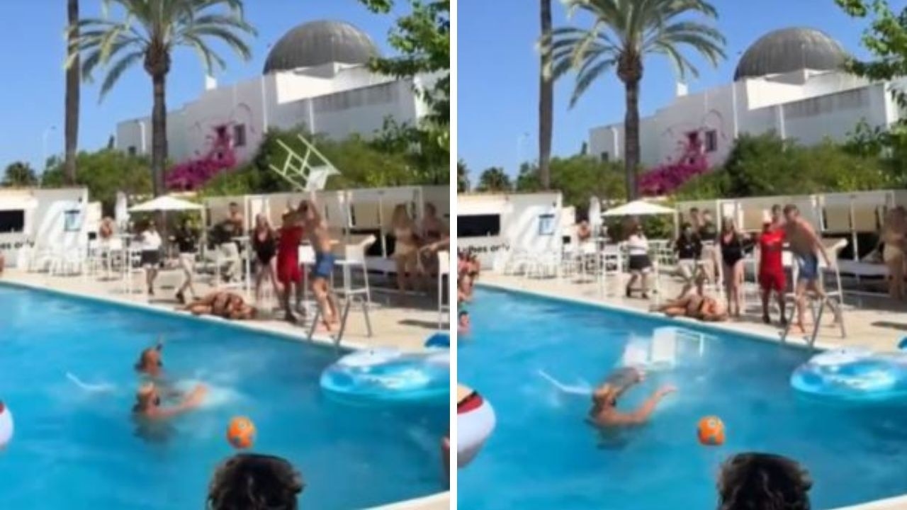 Shocking footage captures moment woman hit with chair in wild hotel brawl