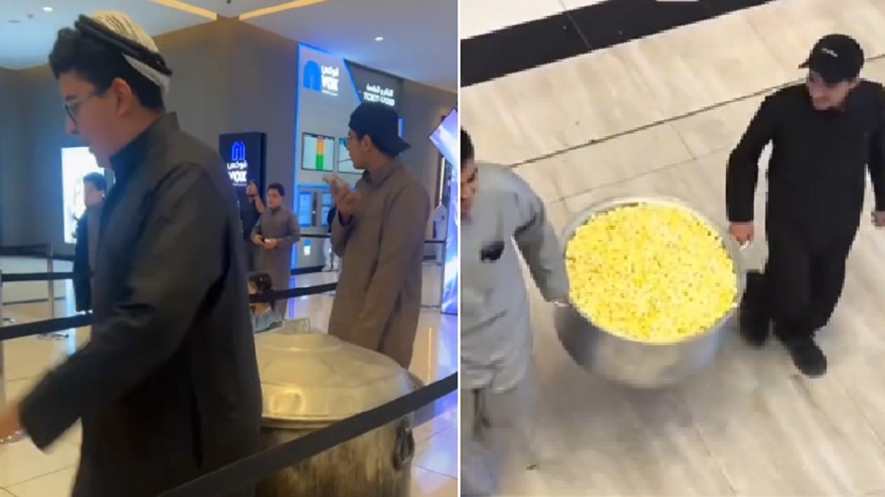 رجل يستغل عرض ال30  ريال  بفوكس سينما ويملئ  قدر كبير بالفشار ..فيديو