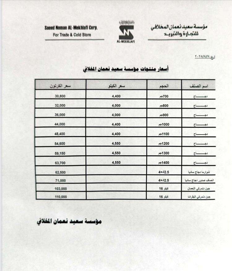 مؤسسة المخلافي تُعلن عن قائمة أسعار جديدة لمنتجاتها