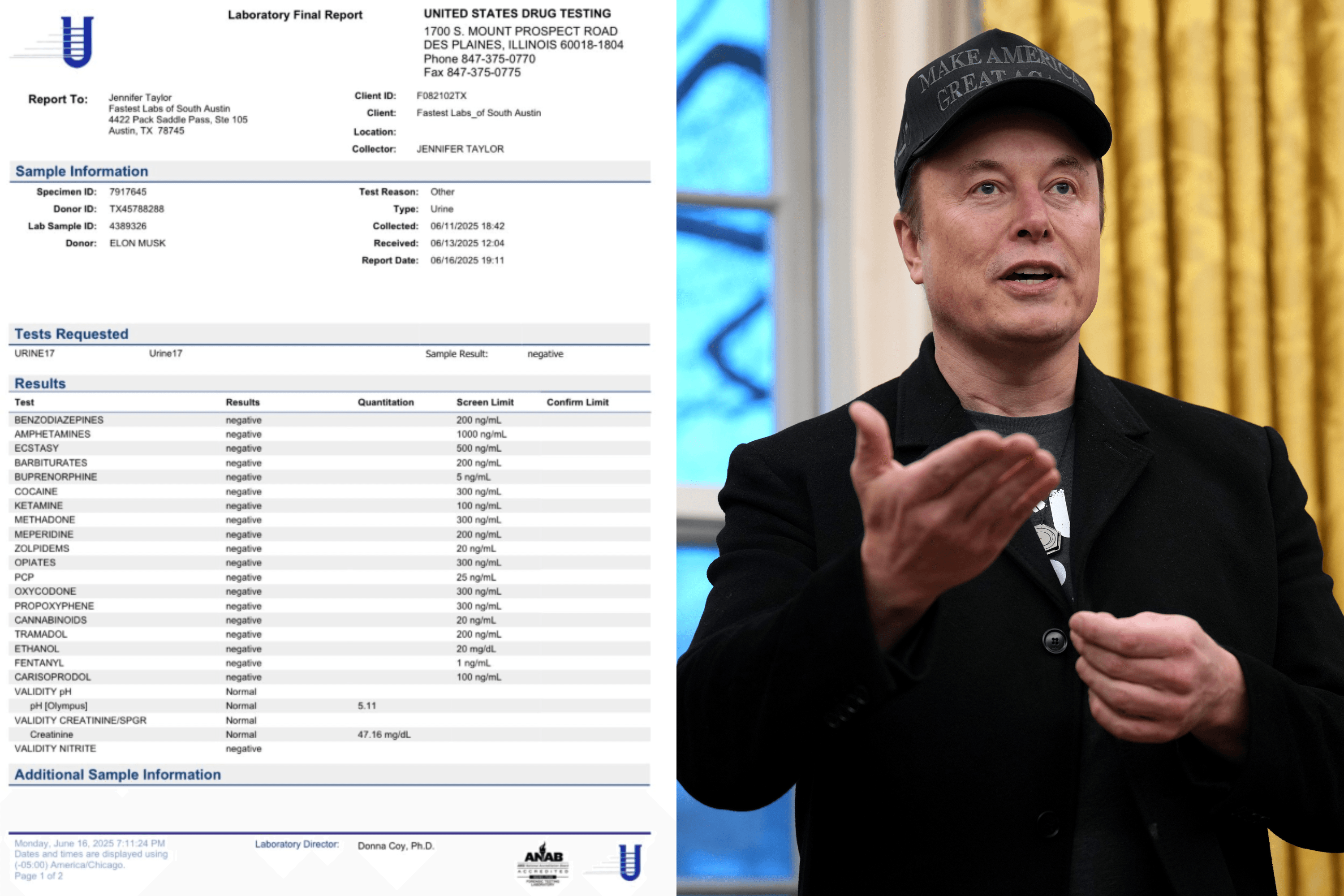 Elon Musk Shares Apparent Results of Urinary Drugs Test: 'Lol'